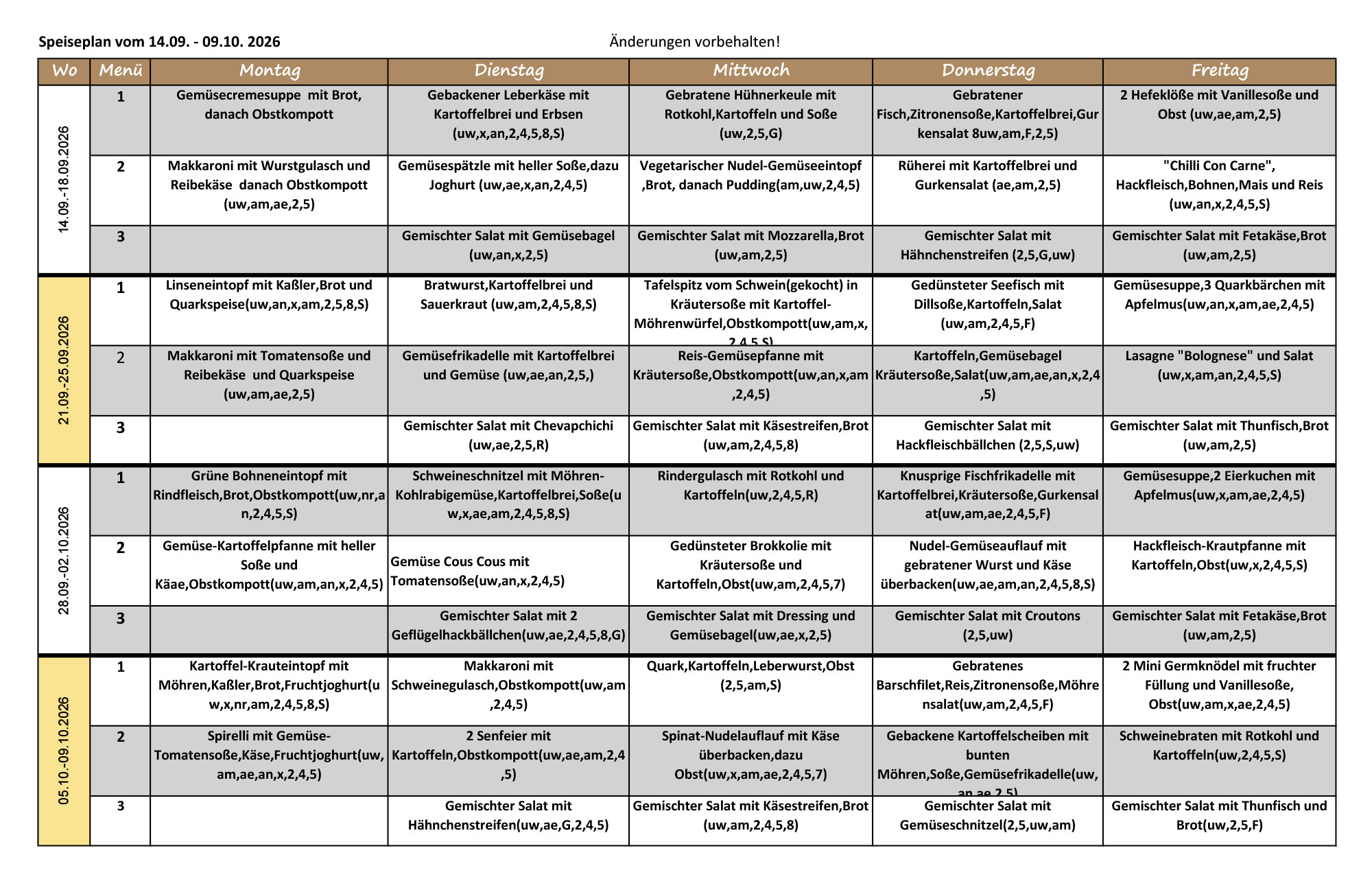 Speiseplan September/Oktober 2026