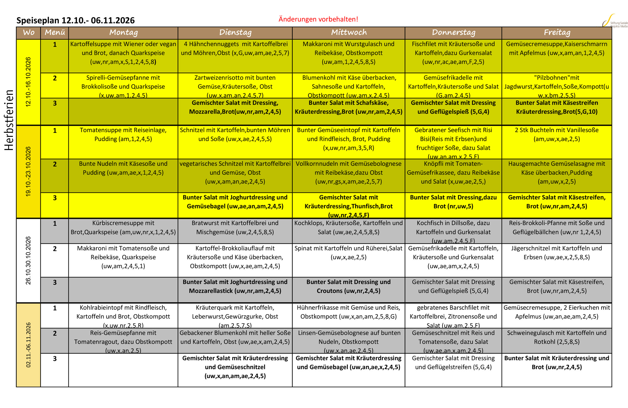 Speiseplan Oktober/November 2026